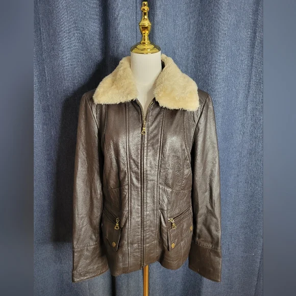 A.N.A. a.n.a Brown Leather Genuine Lambskin Jacket Faux Fur Collar Womens L Moto - Picture 2 of 13